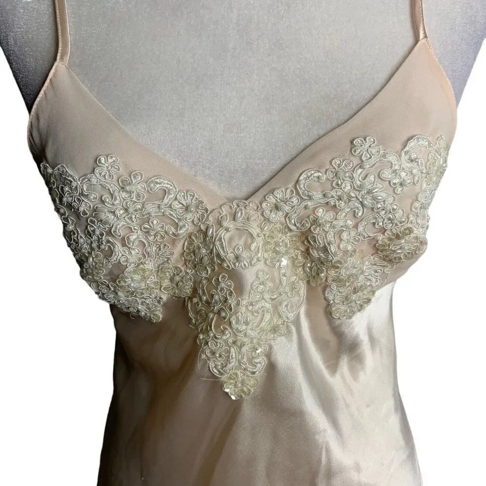 Vintage Beaded Satin Peignoir Set M Pink Half Robe Sweetheart Adjustable Straps